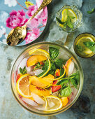 Peach and basil sangria for New Year's Eve