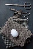 White egg on checked fabric