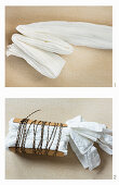 Vorbereitung: Vorhang mit Shibori-Technik färben, hier: Stoff falten, mit dicker Pappe fixieren und mit Band umwickeln