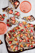 Dark and white chocolate bark with pistachios and strawberries for Valentine's Day