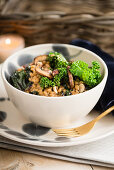 Barley risotto with mushrooms and kale