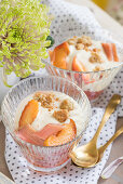 Pickled rhubarb and peaches with crumble and vanilla cream