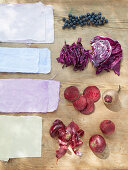 Fabrics dyed using plants (blueberries, red cabbage, beetroot, red onions)