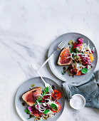 Grilled tuna with blood orange, fennel and black olive dressing