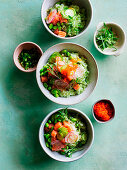 Ocean trout poke bowl on matcha rice, edamame and radish