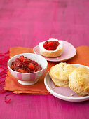 Scones with red currant and mango jam