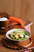 Ginger tofu stir-fry with asparagus and snow peas