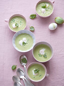 Green pea soup with poached quail's eggs