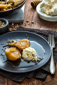 Roast pears with honey labne and candied hazelnuts