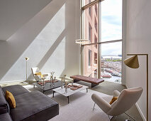Panoramic view of canal from luxurious living room