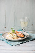 Asparagus risotto with salmon steak and tarragon