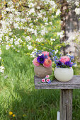 Kugelvasen mit Frühlngsblumen im Garten