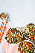 Wok fried rice noodles with beef and vegetables