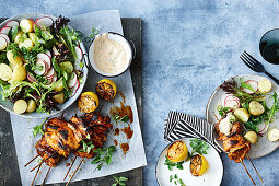 Portuguese chicken skewers with potato salad