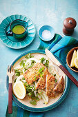 Quinoa-crumbed veal schnitzel with shaved fennel and apple salad