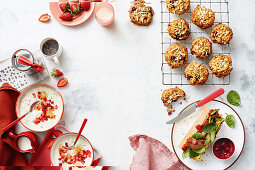 Strawberry overnight oats - banana-berry breakfast biscuits - baked egg breakfast baguettes