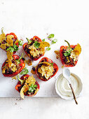 Oven-roasted capsicums stuffed with hearty beef chilli and nachos