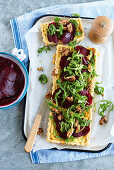 Herbed ricotta and goat's cheese tart with pickled beetroot