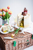 Poppyseed and lemon layer cake of Easter, sliced