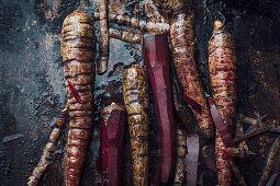 Red carrots, partly peeled