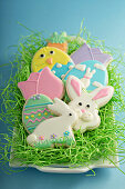 Easter cookies, bunnies and eggs on white plate with decorative grass