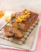 Banana and oatmeal bread on a cooling rack