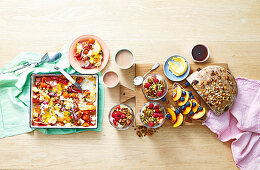 Hash Brown Brekkie Bake, Overnight Fruit Bread with Maple Butter, Berry and Yoghurt Muesli Parfait