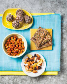 Almond date balls, Seed and date crackers, Spicy roasted chickpeas and Almond trail mix