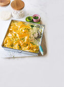 Hake thermidor with phyllo pastry crust