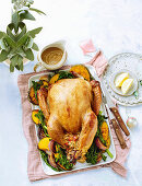 Sticky cola-glazed turkey with spicy capsicum and rice stuffing