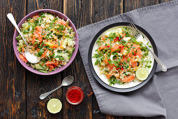 Rice salad with lentils and smoked salmon