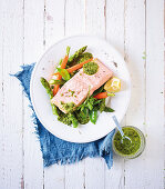 Poached salmon with spring vegetables and a herb dip (low carb)