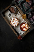Wintergetränk: Heiße Schokolade mit Marshmallows auf Holztablett (Aufsicht)