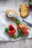 Getoastete Baguettescheiben mit Mandelfrischkäse, Erdbeeren und Basilikum (vegan)