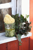 A homemade exfoliator made from leaves, olive oil and sea salt