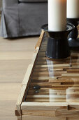 Detail of DIY coffee table with glass top