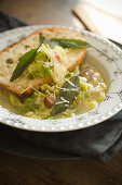 Cabbage Soup with Toast Parmesan Sage
