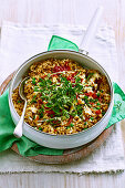 Pearl Barley and Pea Risotto with Haloumi Crumbs