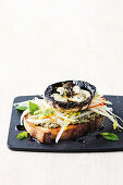 Roast mushroom and blue cheese tartine with pear and witlof salad
