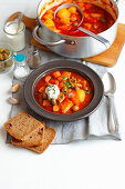 Pork goulash with potatoes, pepper and olives