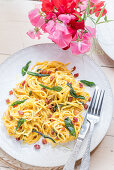 Sumer pasta with pumpkin carbonara and sage