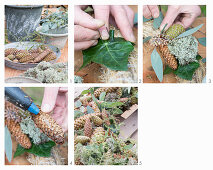 Tying a wreath of Eucalyptus populus, ivy and cones