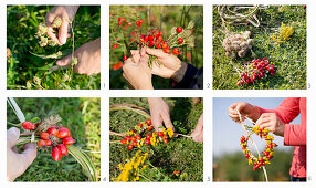 Hagebuttenkranz mit gelben Blüten binden