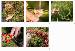 Tying a wreath of rose hips