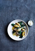 Conchiglione with ragu bianco, anchovies and wilted kale