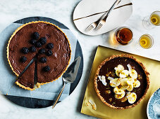 Chocolate coconut tart with passionfruit and bannana
