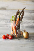 Fresh vegetables: tomatoes, carrots, black salsify and onions