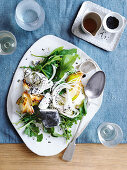 Daikon salad with honey, goat's cheese and pears