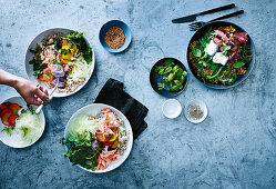 Plum and smoked trout Scandi bowl and Rare beef and cool greens freekeh bowl