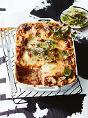 Lasagna with minced meat and beef broth